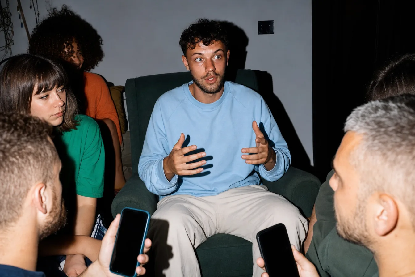 A man in an armchair mid-explanation, hands raised, while the friends packed in around him watch with flat, unconvinced expressions.