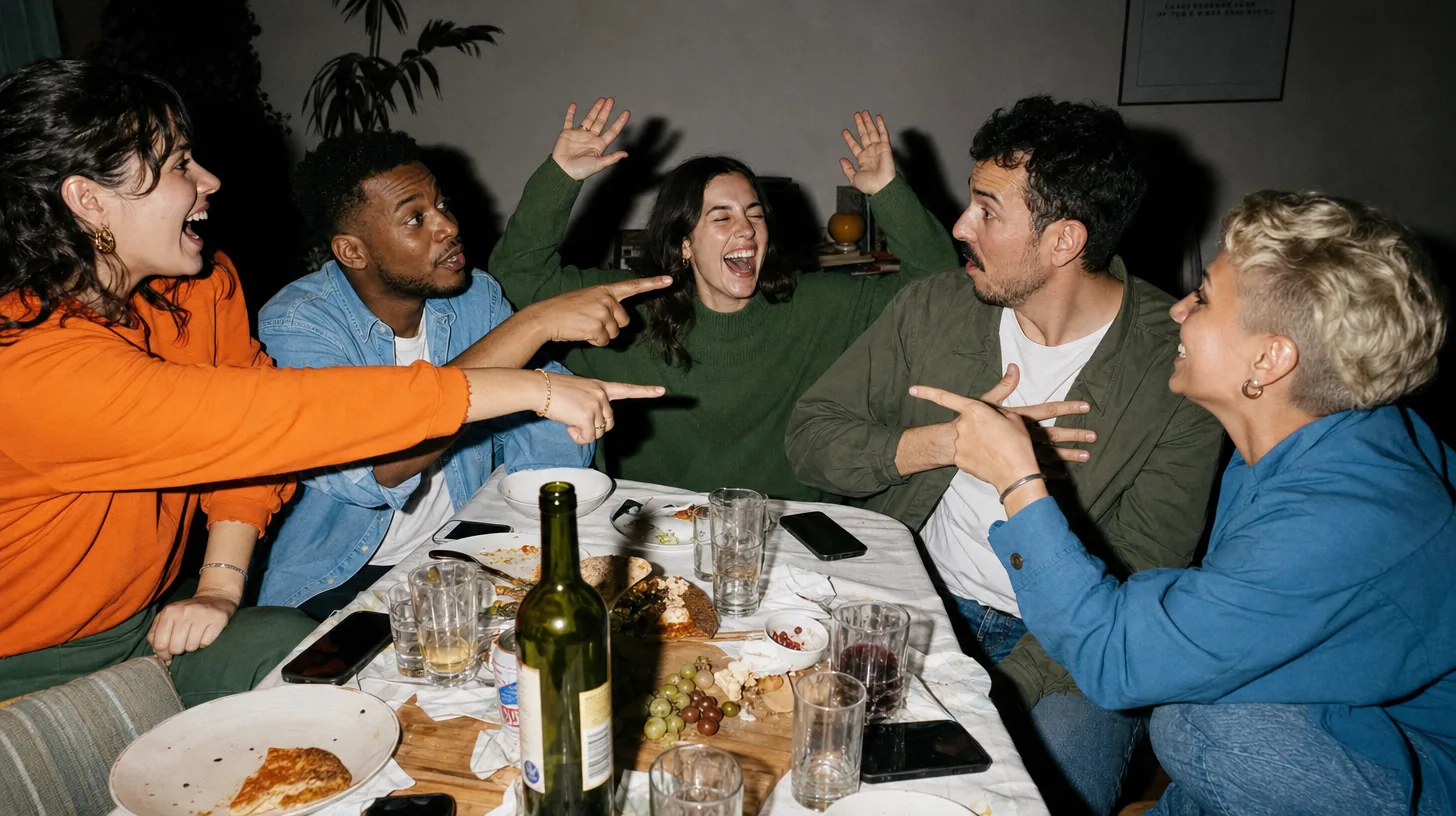 Five friends around a cluttered dinner table at night, pointing accusingly across the wine and leftovers at the woman in the middle, who throws both hands up, laughing.