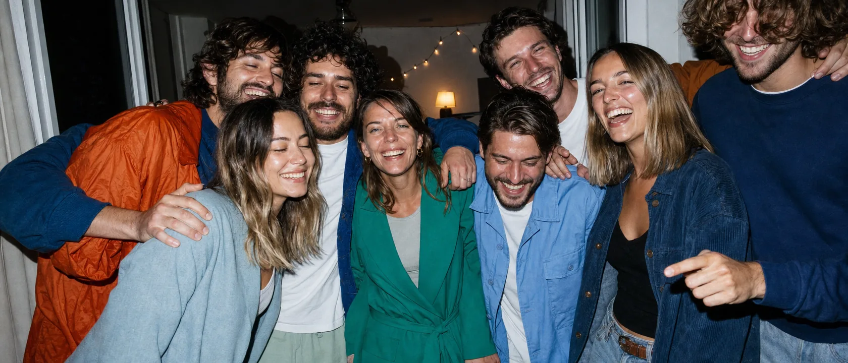 Eight friends crammed shoulder to shoulder into one frame, arms around each other, all laughing, string lights behind them.
